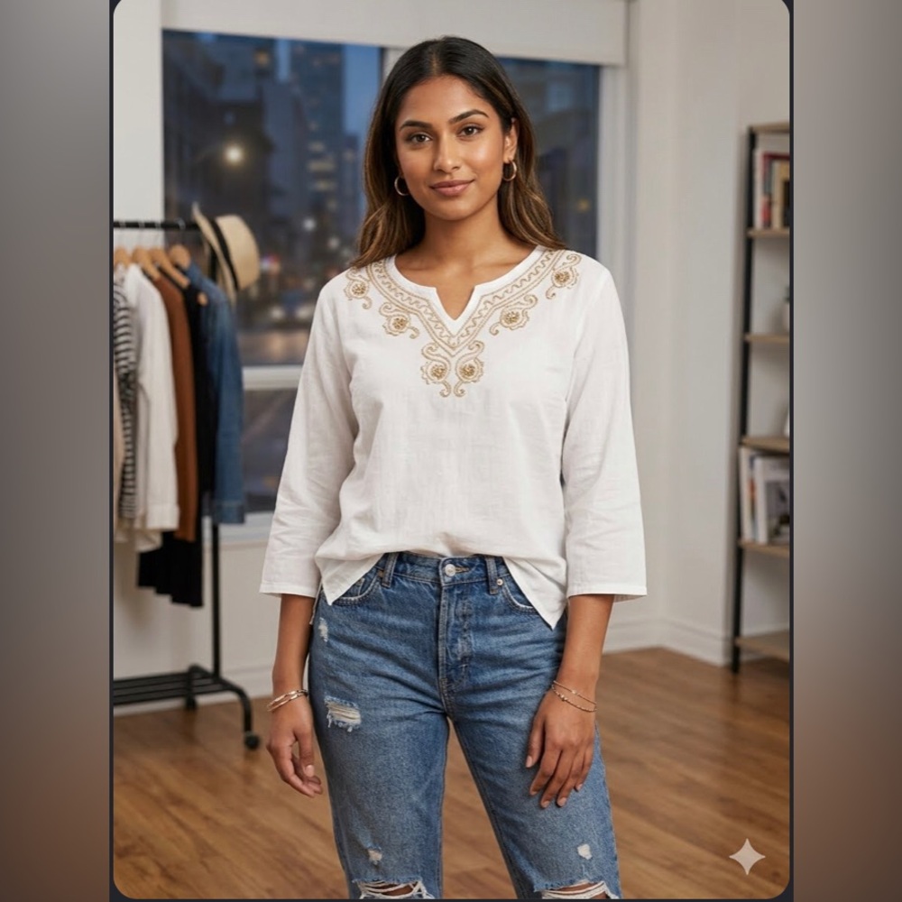 White embroidered with beads and sequins boho t-shirt 100% cotton